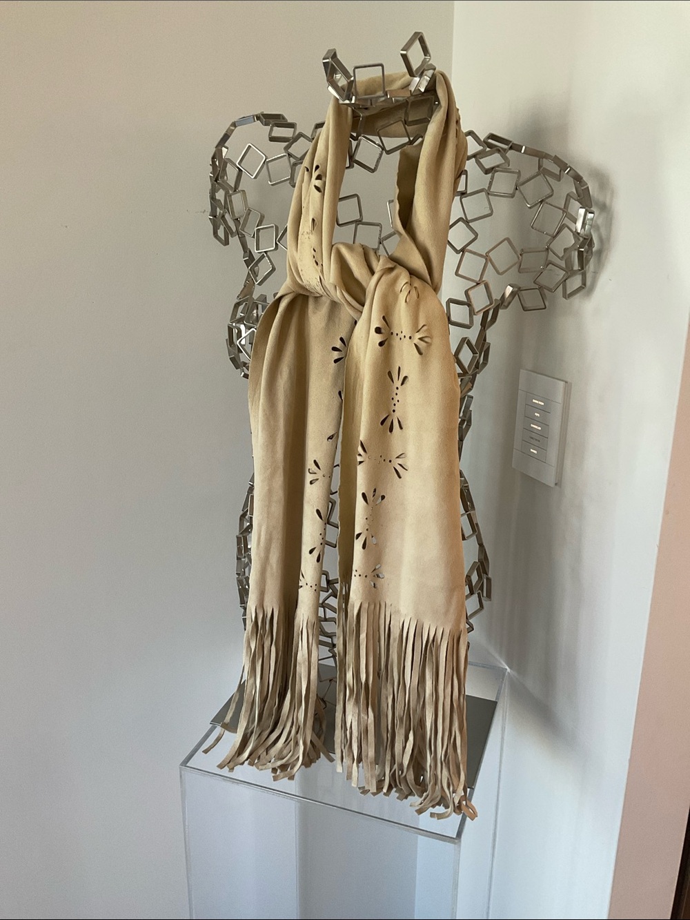 Fringed Cutout Suede Scarf - Beige